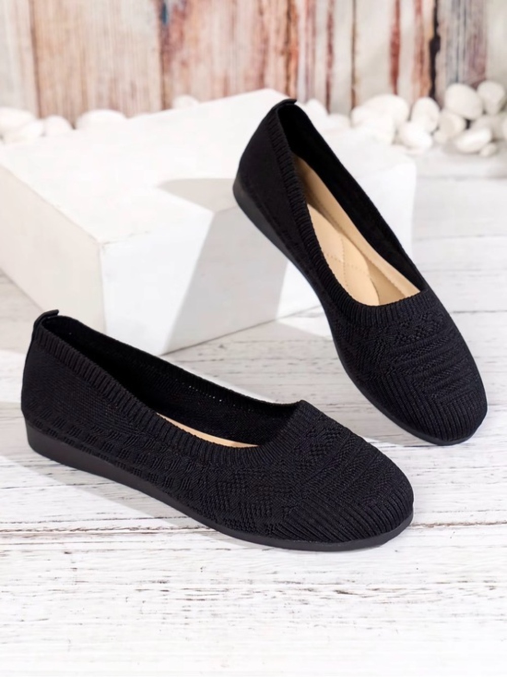 Brand new round toe black knit shoes, PU leather sole, size 8